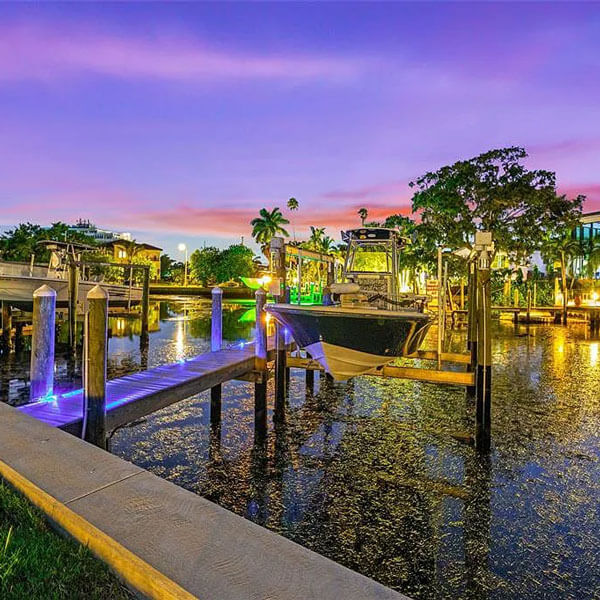 boat dock at sunset