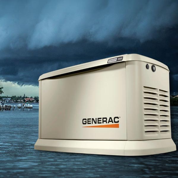 Generac home generator imposed over ocean storm